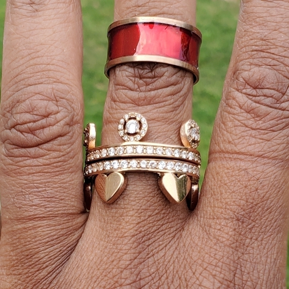 Simulated Diamond Enamel Stack Ring Rose Gold Plated Stainless Steel - Picture 2 of 9